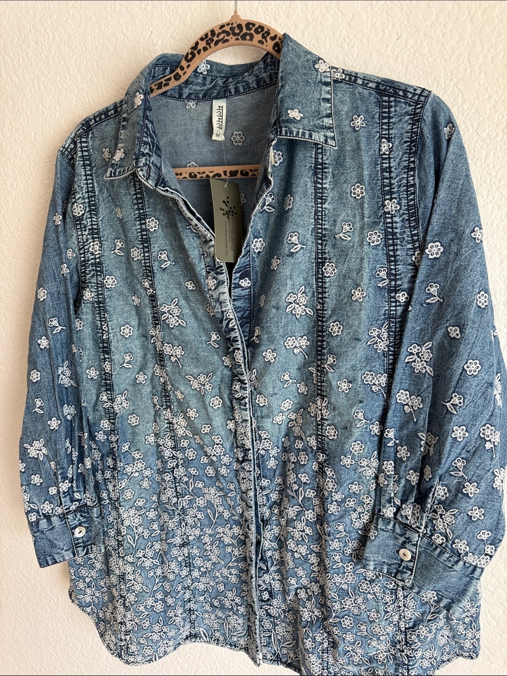 Denim Button-Down Shirt with White Floral Embroidery - Blue